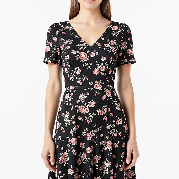 Floral Wrap Dress - Color: Black, Size: XS