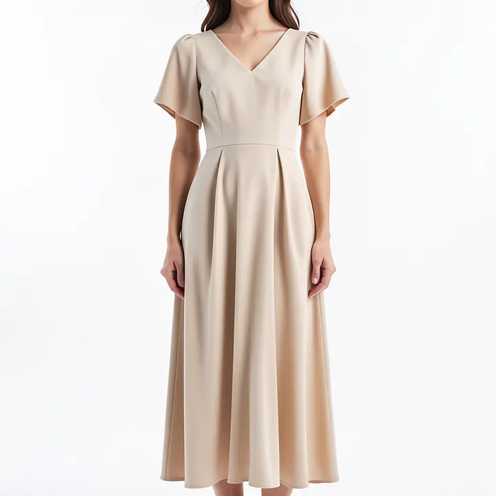 Flounced Dress - Color: Beige, Size: XS