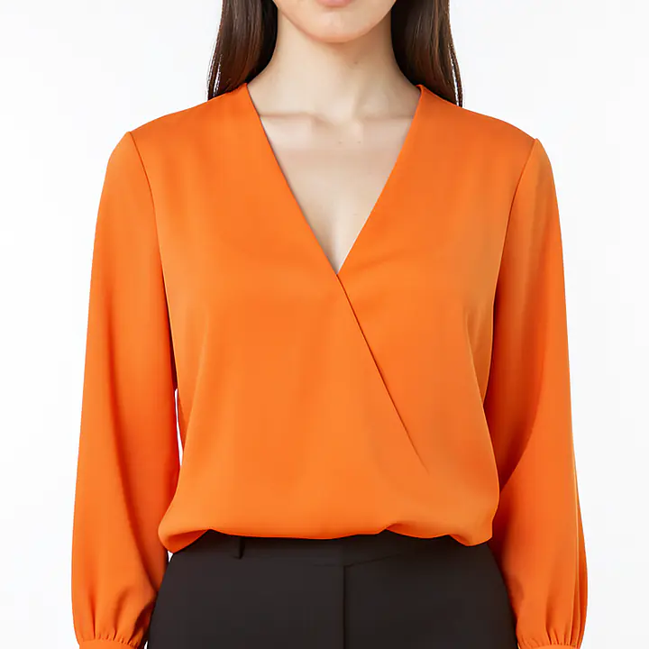 Pleated Sleeve V Neck Shirt - Color: Orange, Size: XS