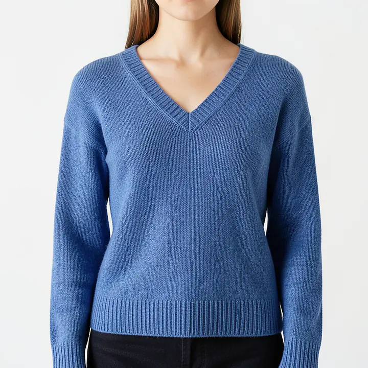 Knitted V Neck Sweater - Color: Blue, Size: XS